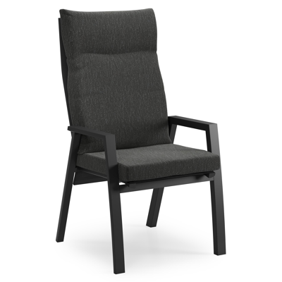 Leon tuinstoel in zwart aluminium en zwart textilene met kussen in Sky Black Weather+ Softtouch