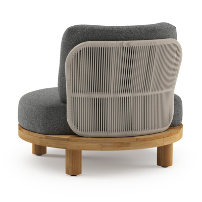 Donato loungestoel in teak en beige verticaal geweven ronde rope met all weather cosytica Catania Black kussen