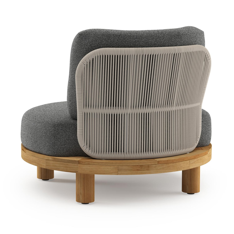 Donato loungestoel in teak en beige verticaal geweven ronde rope met all weather cosytica Catania Black kussen