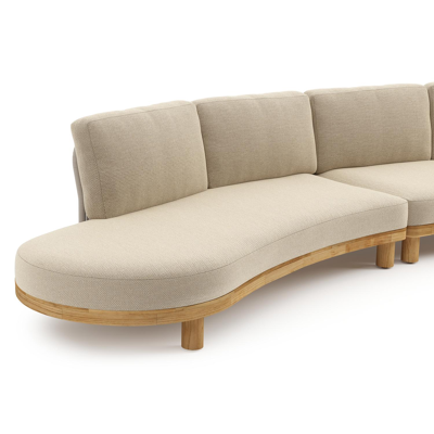 Donato loungehoek in teak en beige verticaal geweven ronde rope met all weather cosytica Althea Camel kussen