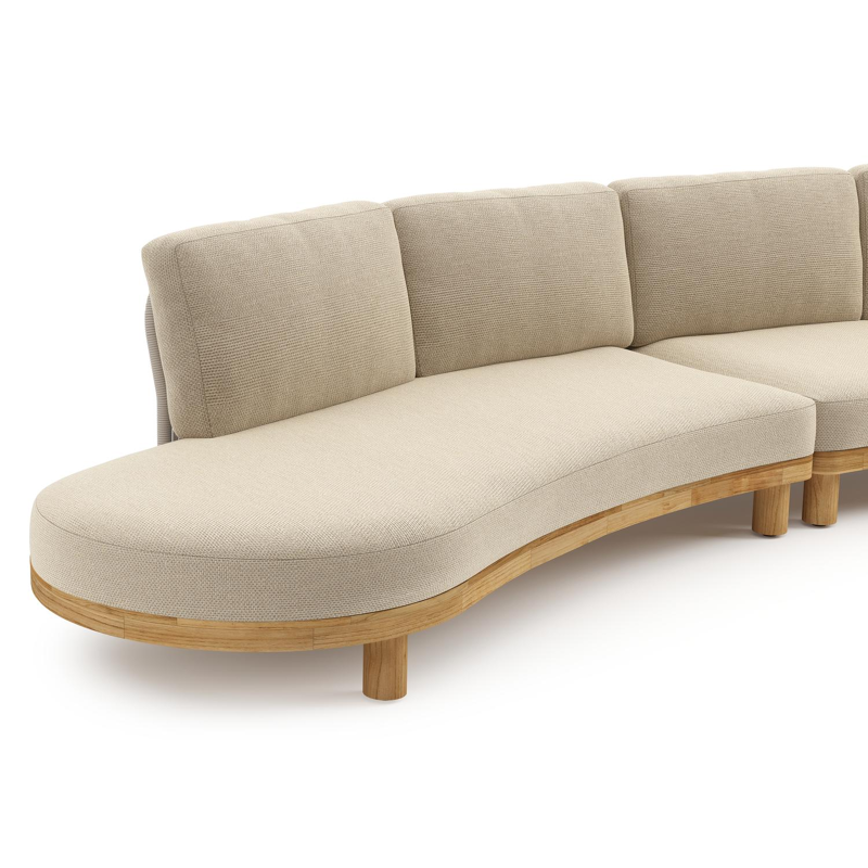 Donato loungehoek in teak en beige verticaal geweven ronde rope met all weather cosytica Althea Camel kussen