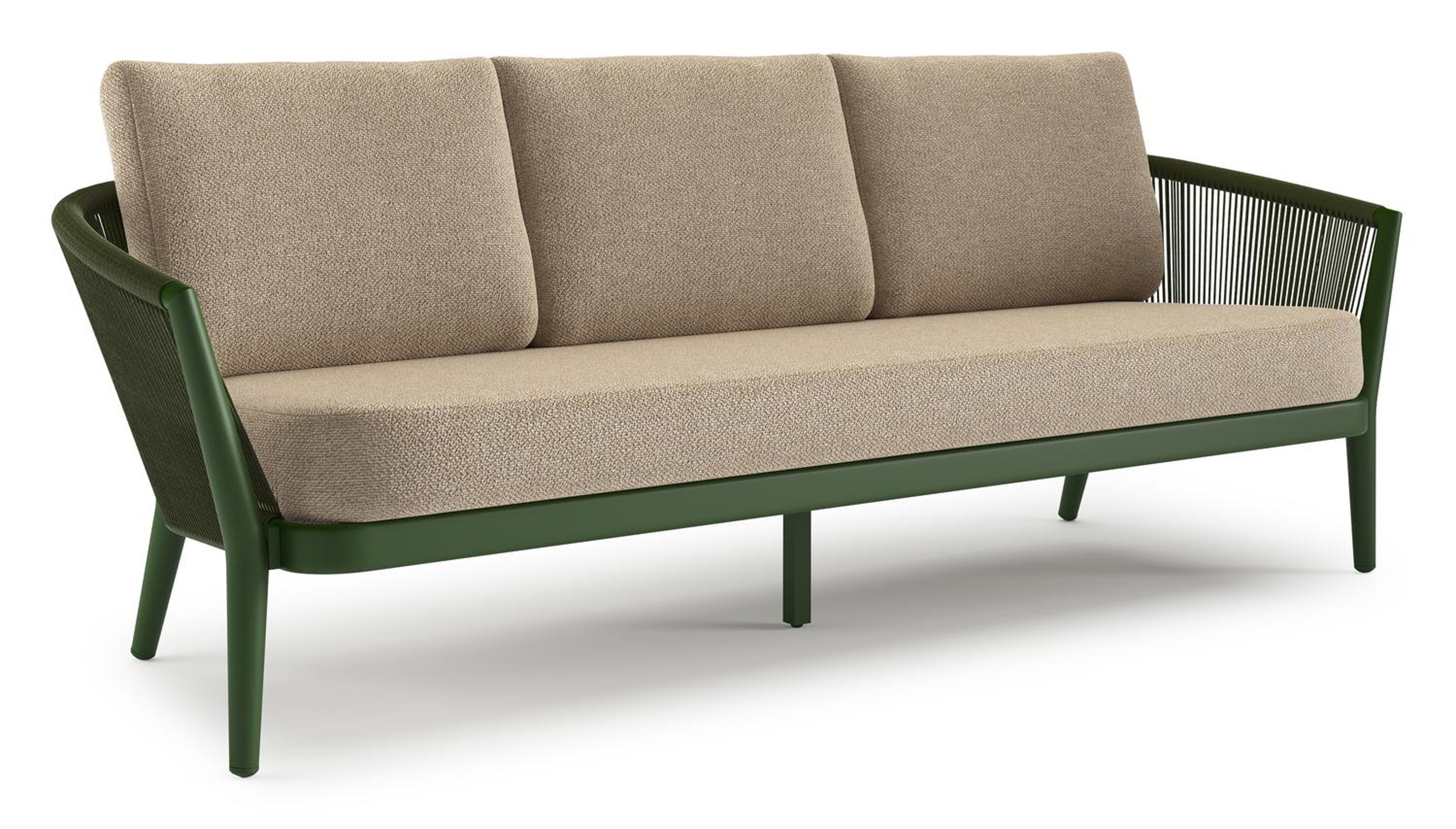 Canapé de jardin Orso en aluminium vert en corde ronde tissée verticalement vert et coussins en all weather cosytica Madagascar Oak