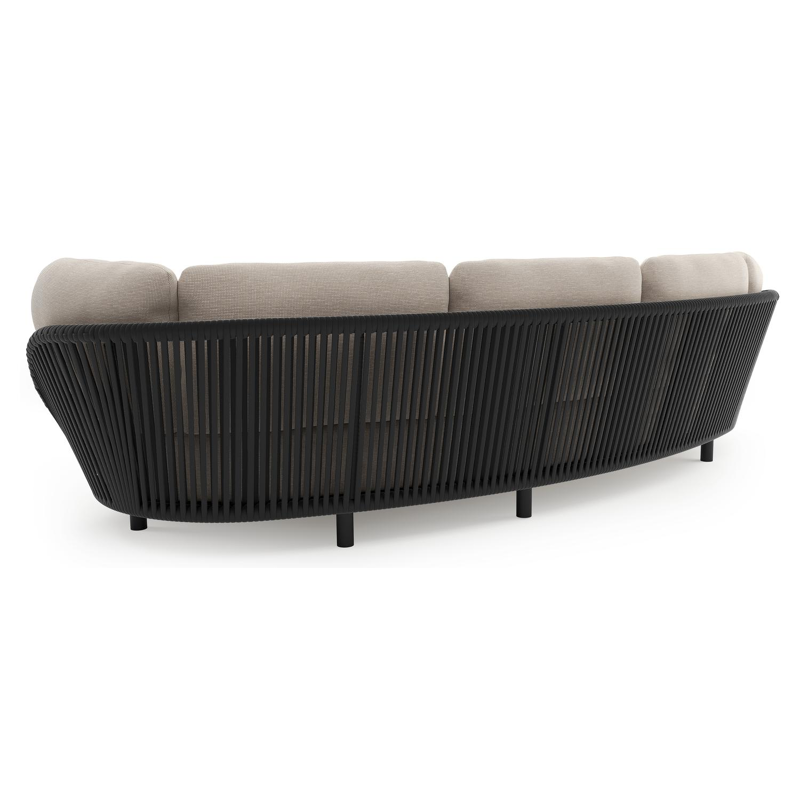 Lupino loungebank in zwart aluminium en zwart verticaal geweven luxe vlakke brede rope met slow farafra all weather sunbrella® luxe kussen