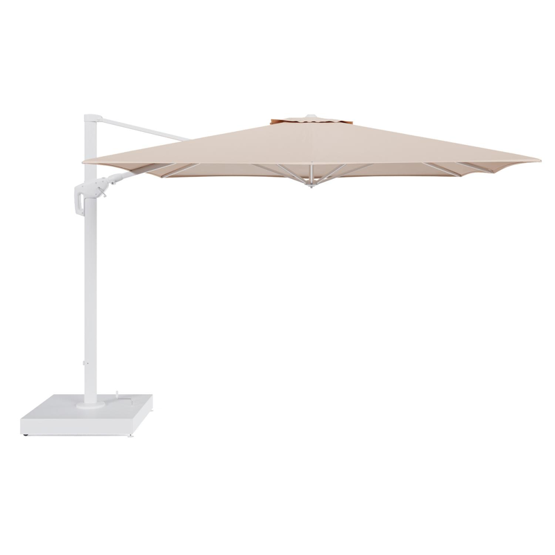 Minore zweefparasol met tiltfunctie in wit aluminium en Natte Linen Chalk All Weather Sunbrella® Luxe parasoldoek - L1 350 x L2: 350 cm met parasolvoet Minore 260 kg met wielen