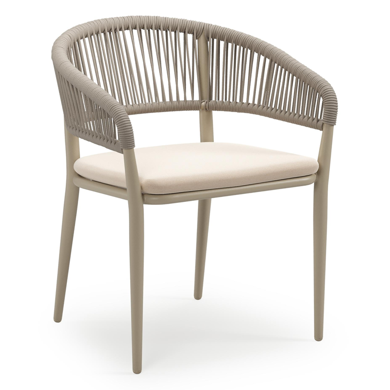 Tolfa stapelbare tuinstoel in beige aluminium en beige verticaal geweven ronde rope met stoelkussen in All Weather Sunbrella® Luxe Natte Linen Chalk