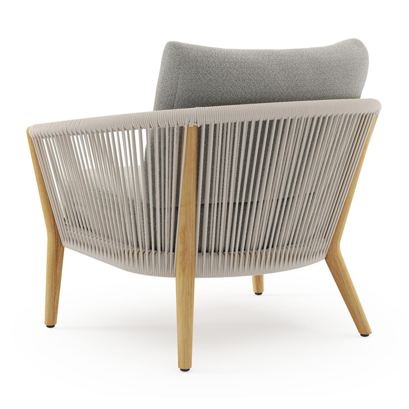 Orso loungestoel in teak en beige verticaal geweven ronde rope met Savane Tunder all weather sunbrella® luxe kussen