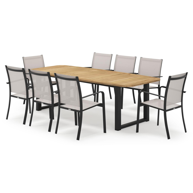 Livo ensemble de jardin forme de bateau en aluminium noir en teck natural finish avec 8 chaises de jardin Calobra