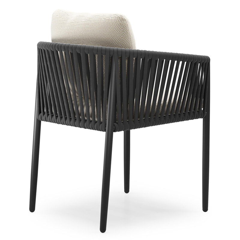 Organo tuinstoel in zwart aluminium en zwart verticaal geweven luxe vlakke rope met zitkussen in All Weather Cosytica Althea Off White