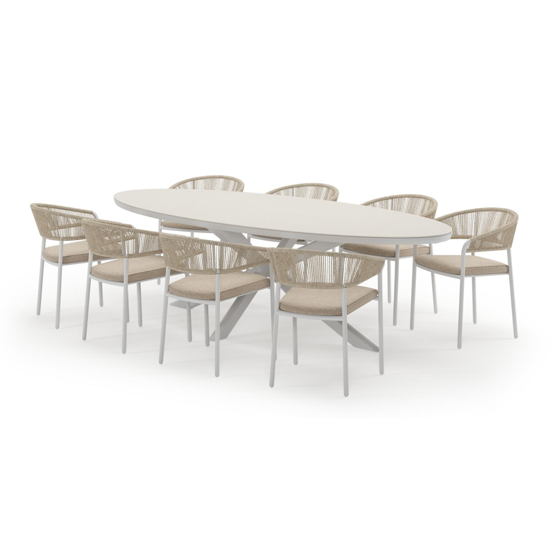 Pamplona ovale tuinset in wit aluminium en sintered stone crema minerale met 8 Zamora tuinstoelen