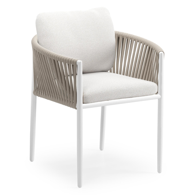 Organo tuinstoel in wit aluminium en beige verticaal geweven luxe vlakke rope met zitkussen in All Weather Solica Soul Optik