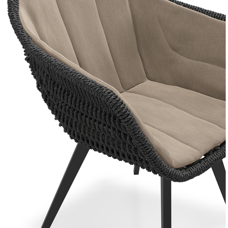 Pagino tuinstoel in zwart aluminium en zwart ronde wicker met zitkussen in All Weather Sunbrella® Luxe Natte Heather Grey
