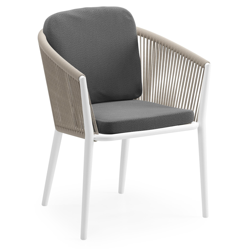 Chaise de jardin Orso en aluminium blanc et corde ronde tissée verticalement beige avec coussin luxe en All Weather Sunbrella® Luxe Lopi Shadow