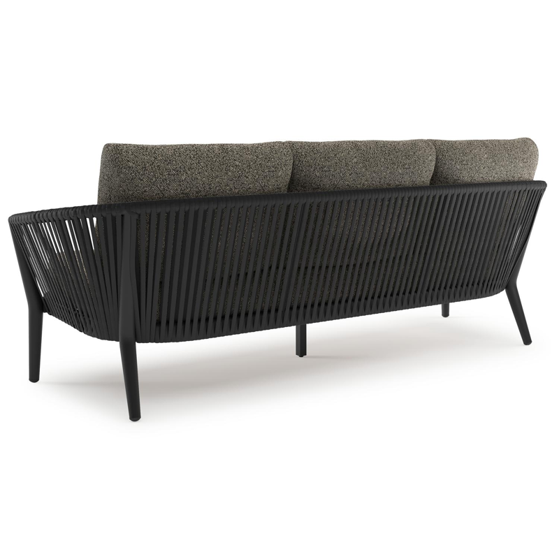 Orso loungebank in zwart aluminium en zwart verticaal geweven ronde rope met Marbella Tunder all weather cosytica kussen