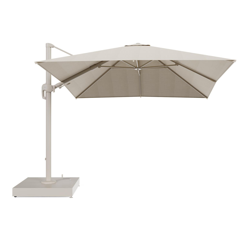 Rufina zweefparasol met tiltfunctie in beige aluminium en beige All Weather Sunbrella® Premium parasoldoek - L1 300 x L2 300 cm met parasolvoet Minore 260 kg met wielen