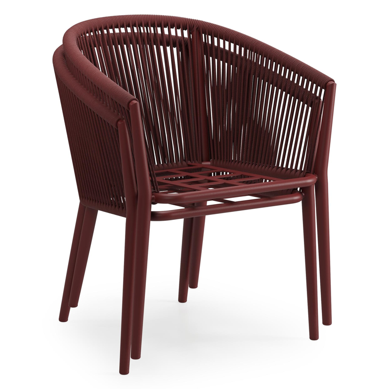 Orso tuinstoel in ruby aluminium en verticaal geweven ronde rope met All Weather Sunbrella Tundra Red kussen