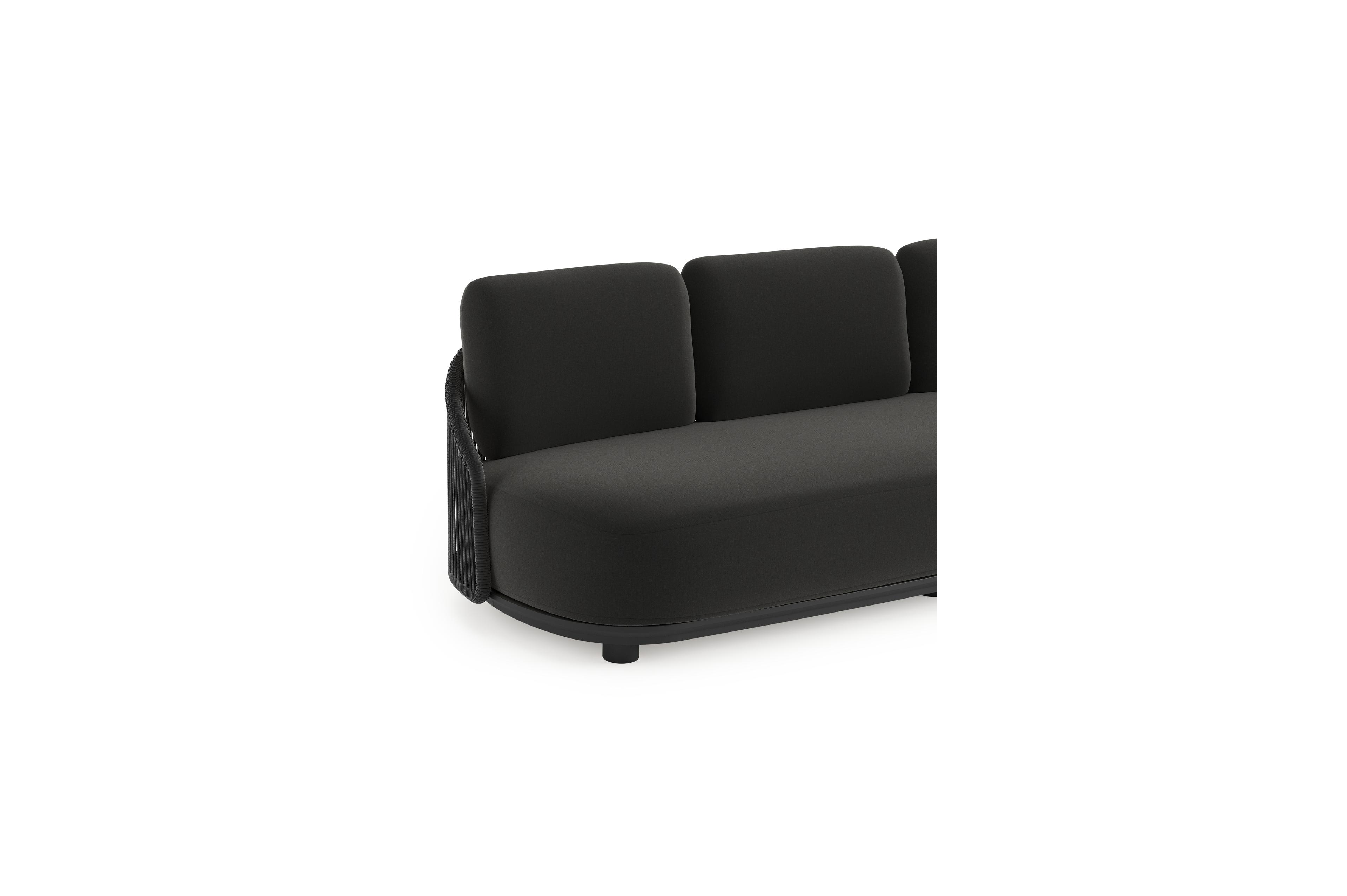 Salon de jardin Vadelo en aluminium noir et corde ronde tissée verticalement noir et coussins en all weather sunbrella® luxe natte sooty