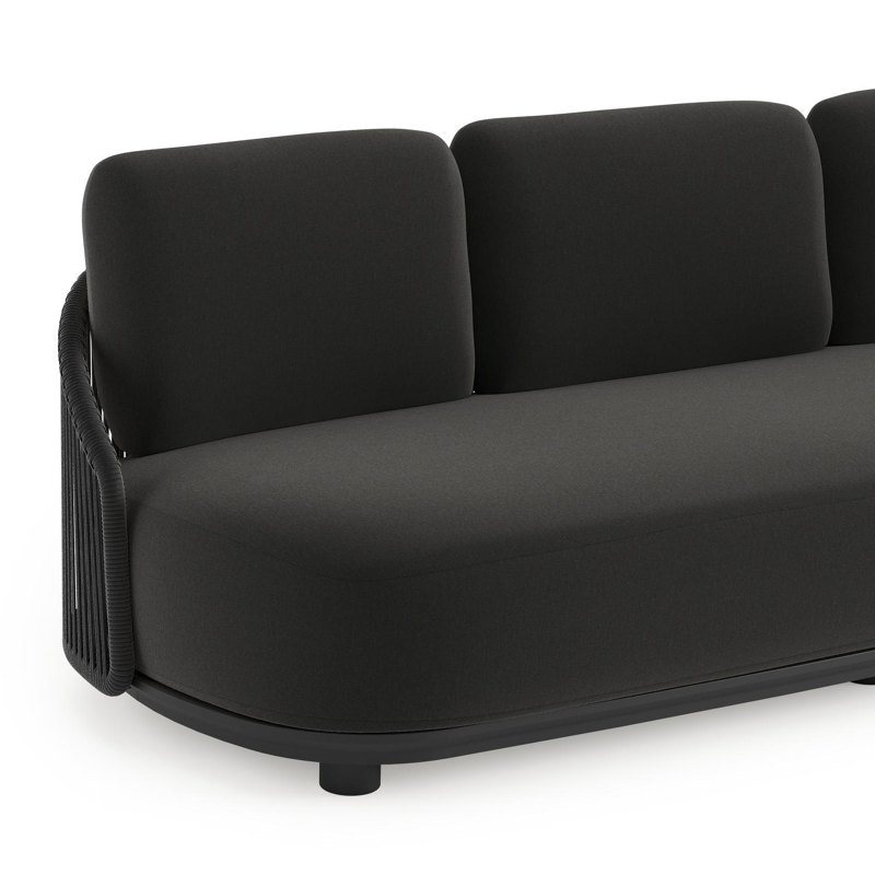 Salon de jardin Vadelo en aluminium noir et corde ronde tissée verticalement noir et coussins en all weather sunbrella® luxe natte sooty