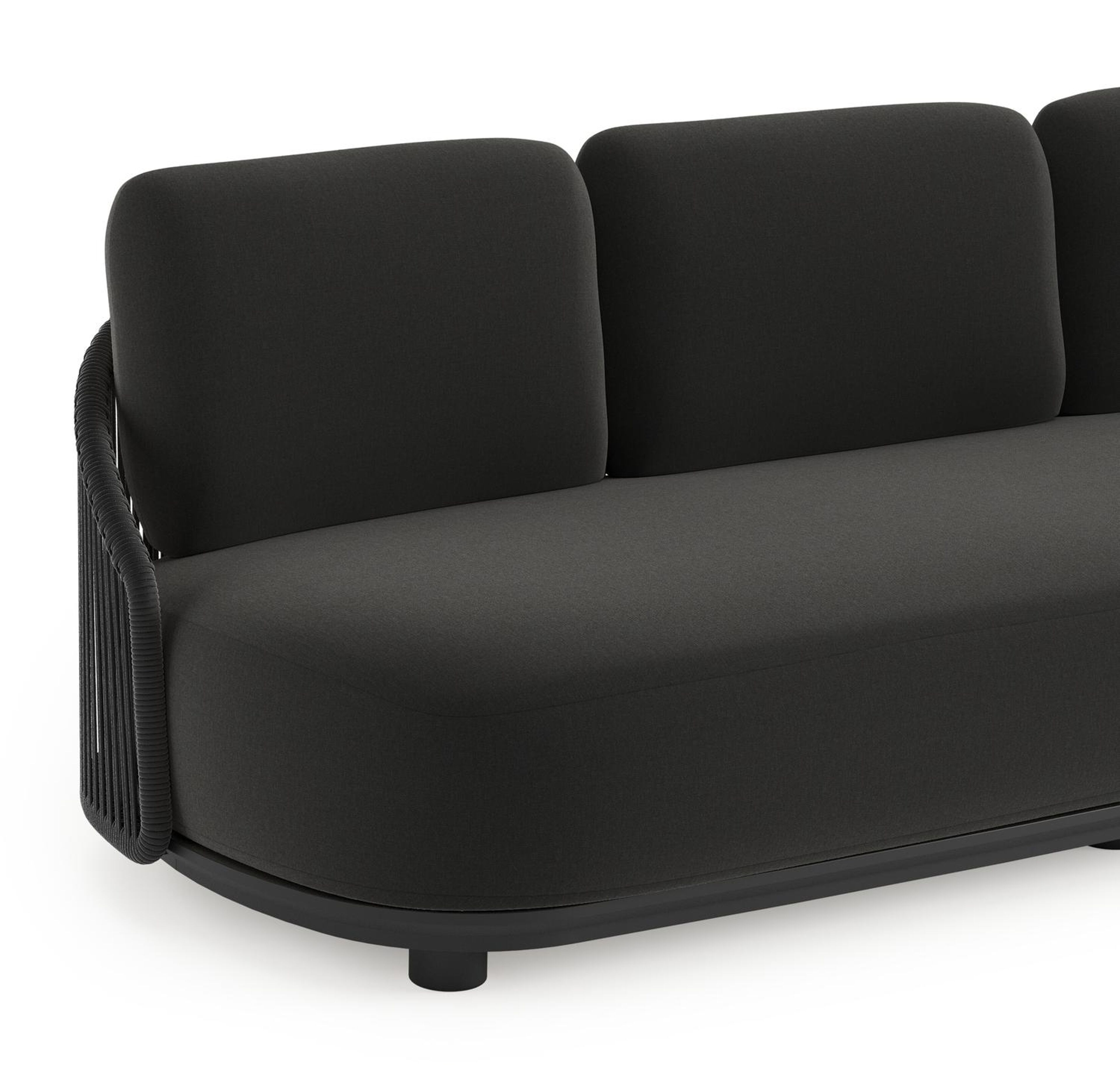 Vadelo loungeset in zwart aluminium en zwart verticaal geweven ronde rope met natte sooty all weather sunbrella® luxe kussen