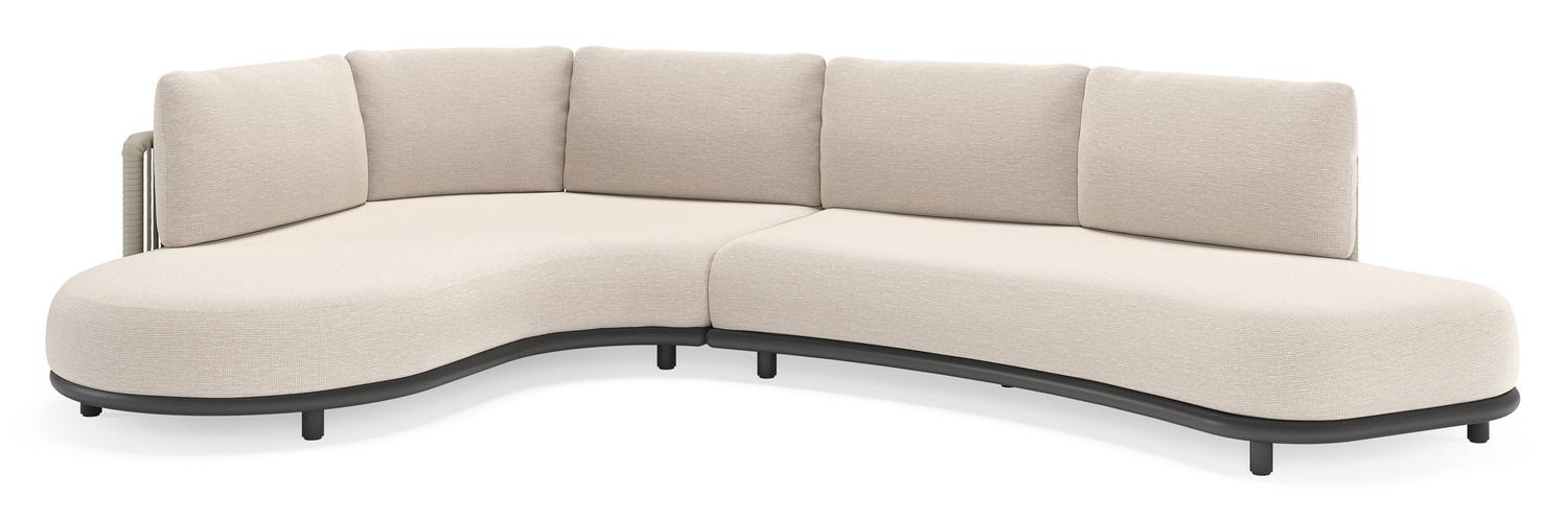 Lomano loungehoek in zwart aluminium en beige verticaal geweven luxe vlakke rope met Slow Farafra all weather sunbrella® luxe