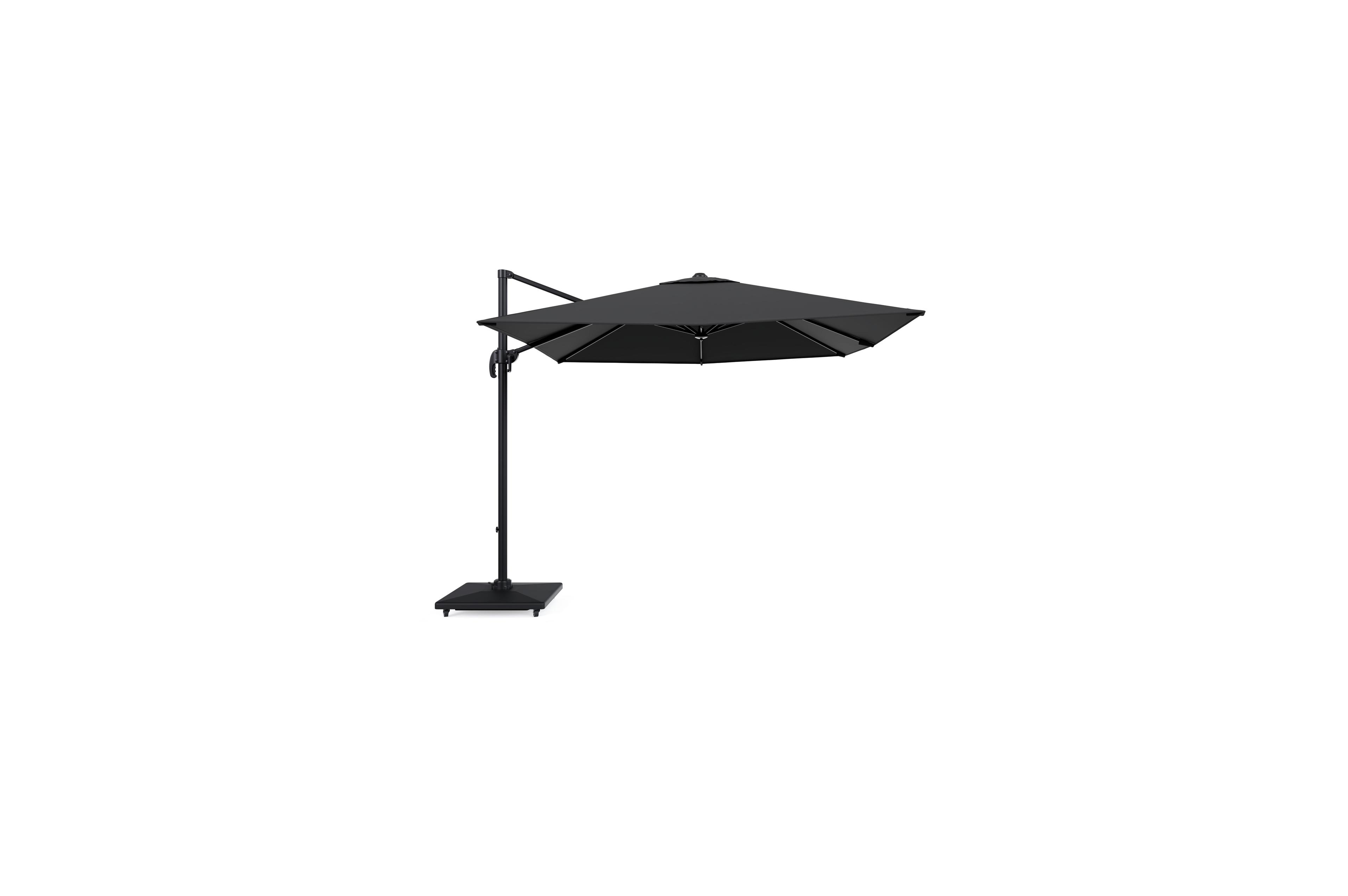Calpe zweefparasol in zwart aluminium en zwart Weather+ Softtouch parasoldoek - L1 249 x L2 270 cm met Calpe parasolvoet 70 kg met wielen
