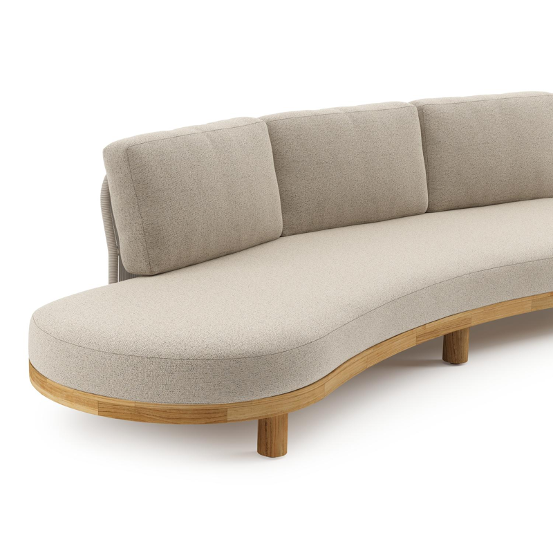 Donato loungehoek in teak en beige verticaal geweven ronde rope met all weather cosytica Marbella Beige kussen