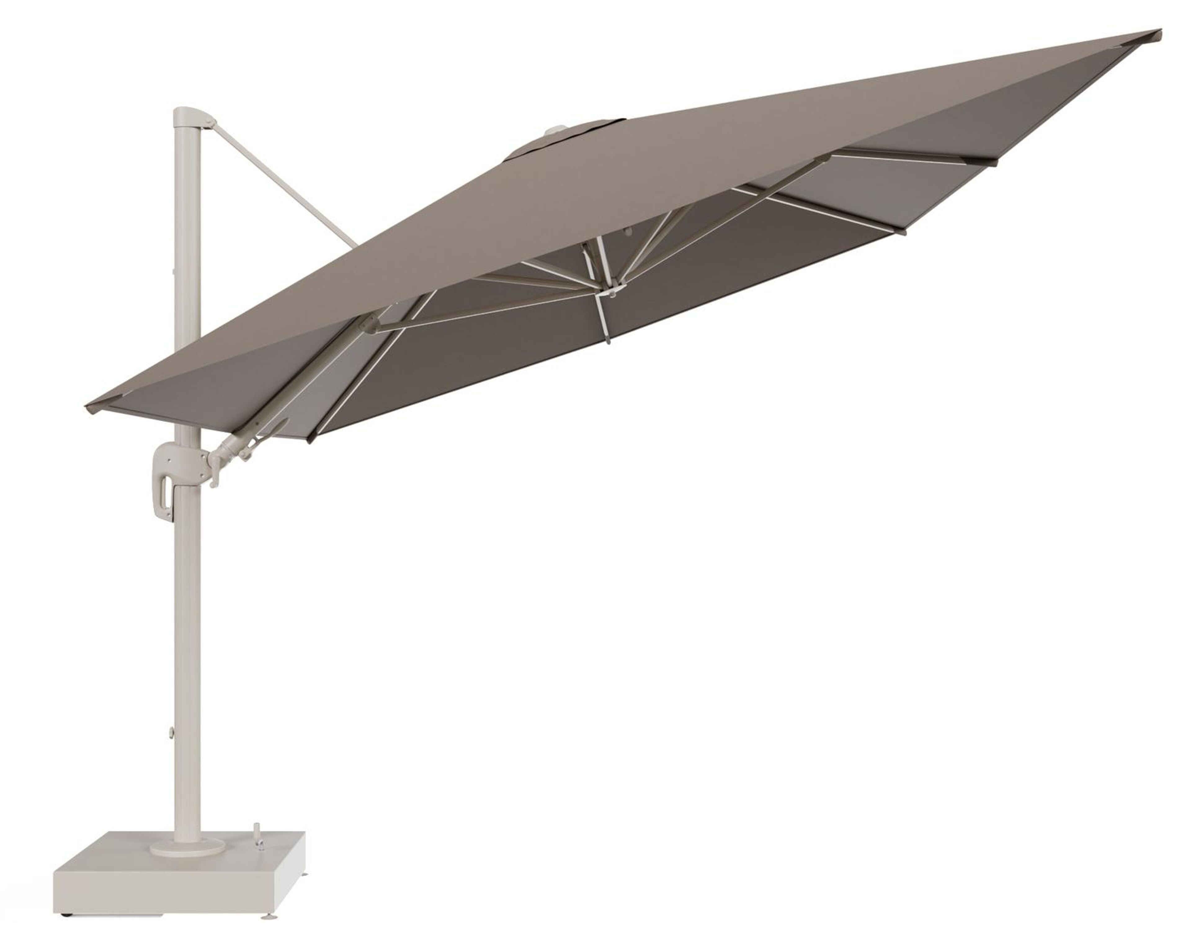 Rufina zweefparasol met tiltfunctie in beige aluminium en Natte Heather Grey All Weather Sunbrella® Luxe parasoldoek - L1 400 x L2 300 cm met parasolvoet Minore 150 kg met wielen