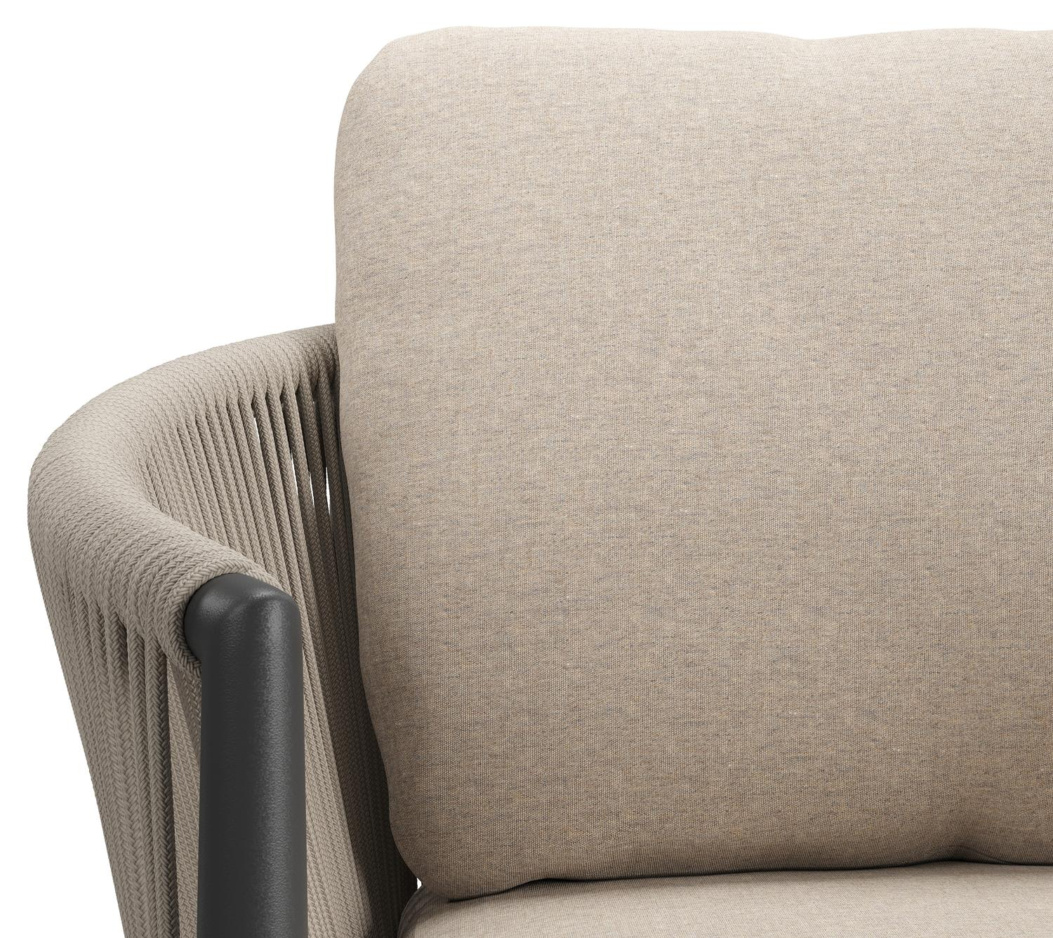 Chaise de jardin Organo en aluminium noir et corde ronde tissée verticalement noir avec coussin en All Weather Sunbrella® Luxe Heritage Ash