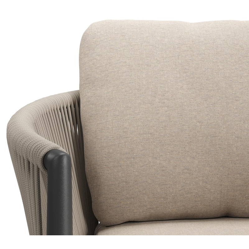 Chaise de jardin Organo en aluminium noir et corde ronde tissée verticalement noir avec coussin en All Weather Sunbrella® Luxe Heritage Ash