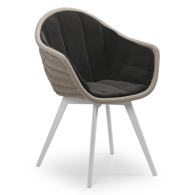Pagino tuinstoel in wit aluminium en beige verticaal geweven ronde rope met zitkussen in All Weather Sunbrella® Luxe Natte Sooty