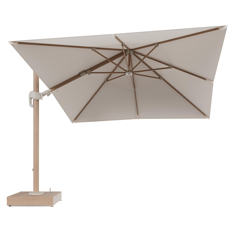 Rufina zweefparasol met tiltfunctie in houtlook aluminium en Natte Linen Chalk All Weather Sunbrella® Luxe parasoldoek - L1 300 x L2 300 cm met parasolvoet Minore 150 kg met wielen