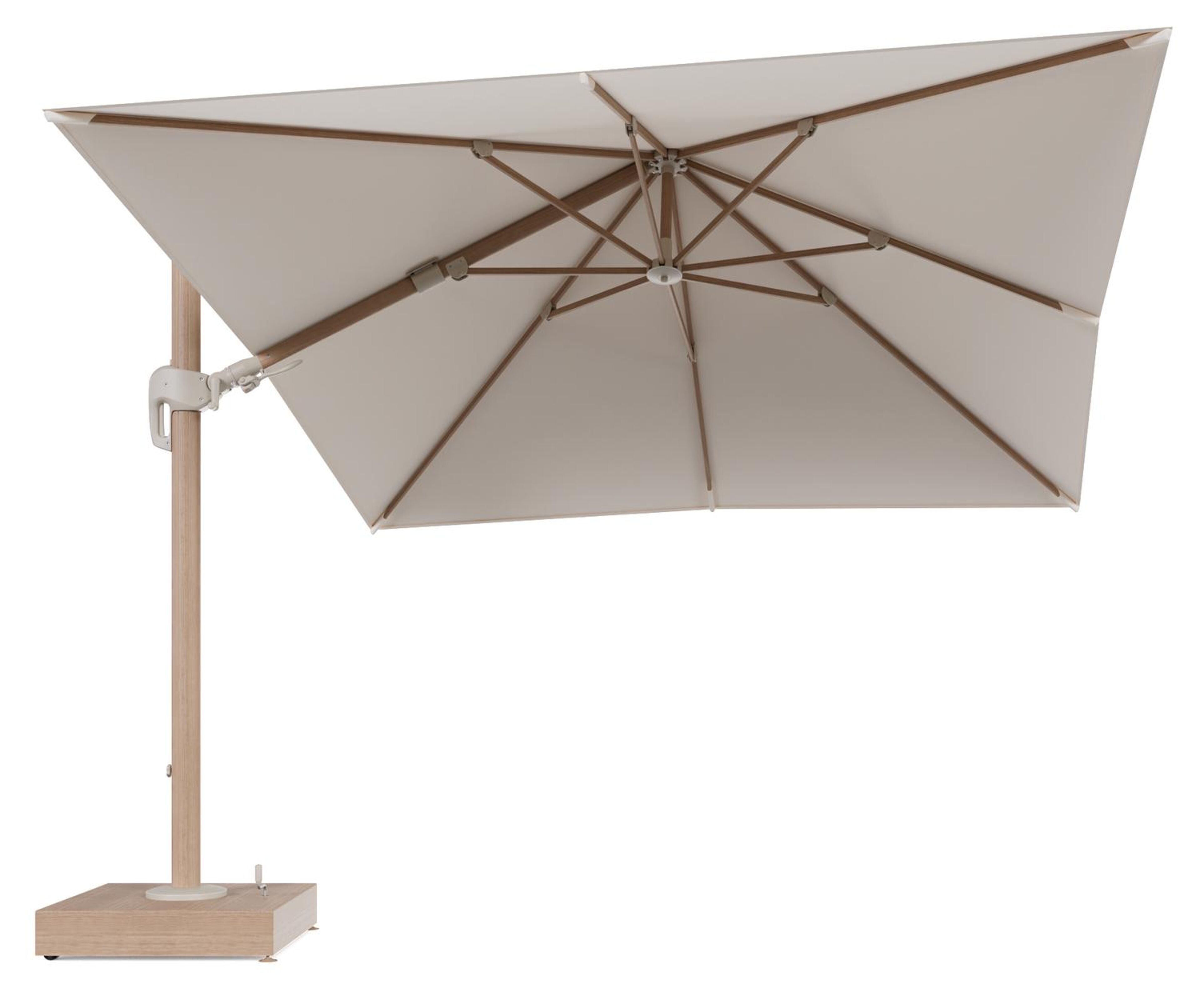 Rufina zweefparasol met tiltfunctie in houtlook aluminium en Natte Linen Chalk All Weather Sunbrella® Luxe parasoldoek - L1 300 x L2 300 cm met parasolvoet Minore 150 kg met wielen