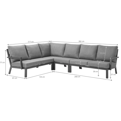 Salon de jardin d'angle Alcudia en aluminium gris avec coussins en polyester gris