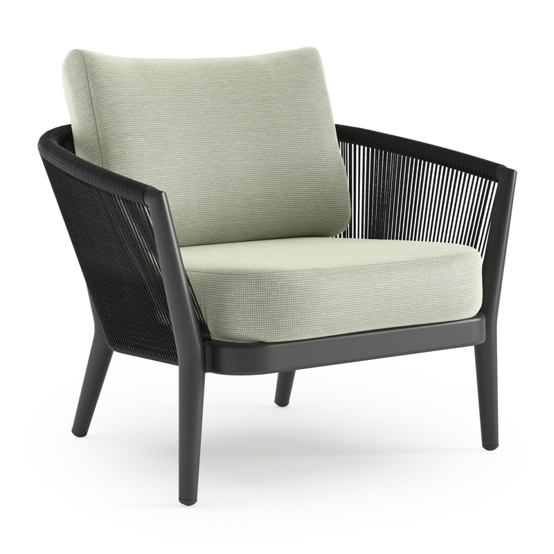 Orso loungestoel in zwart aluminium en zwart verticaal geweven ronde rope met Slow Spirea all weather sunbrella® luxe kussen