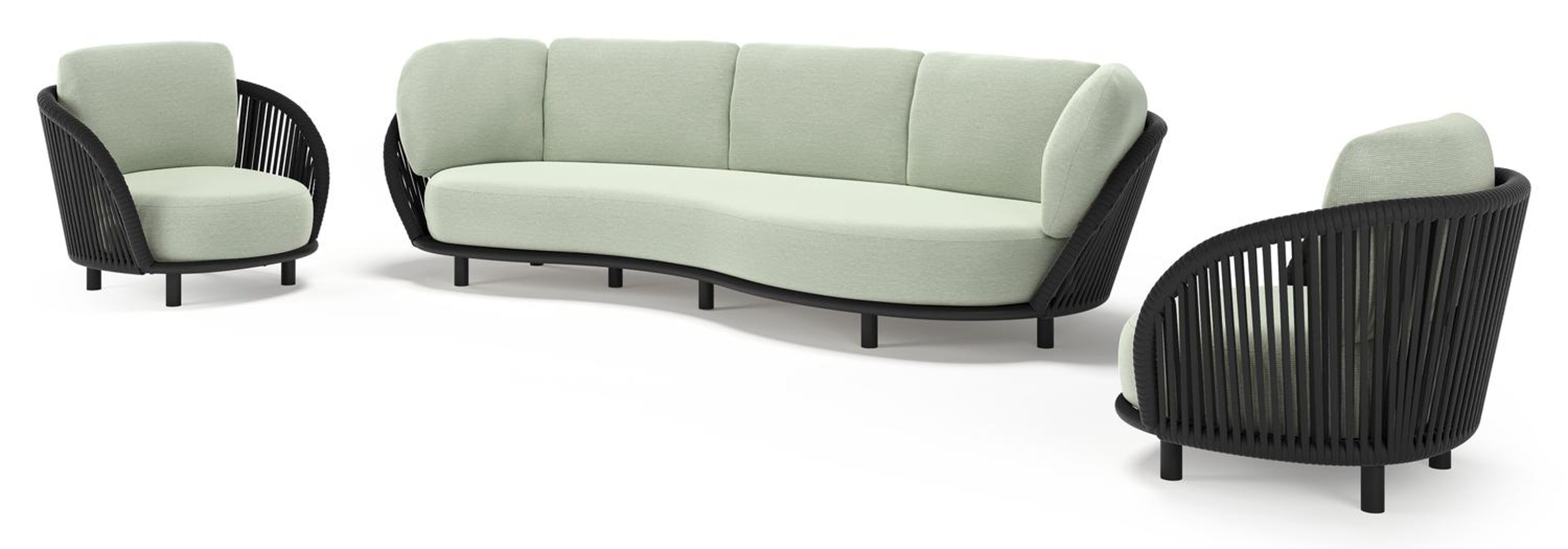 Lupino loungeset in zwart aluminium en zwart verticaal geweven luxe vlakke brede rope met slow spirea all weather sunbrella® luxe kussen