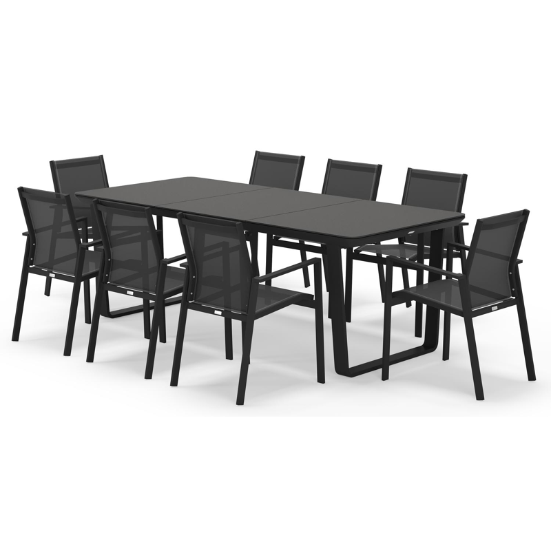 Ensemble de jardin Alora rectangulaire arrondi en aluminium noir et sintered stone noir avec 8 chaises de jardin Bahia empilables