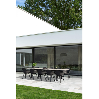 Ensemble de jardin Aspra avec table extensible en aluminium noir avec plateau de table en céramique pleine sur verre gris et 10 chaises de jardin Puglia
