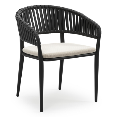 Tolfa stapelbare tuinstoel in zwart aluminium en zwart verticaal geweven luxe vlakke brede rope met stoelkussen in All Weather Sunbrella® Luxe Lopi Marble