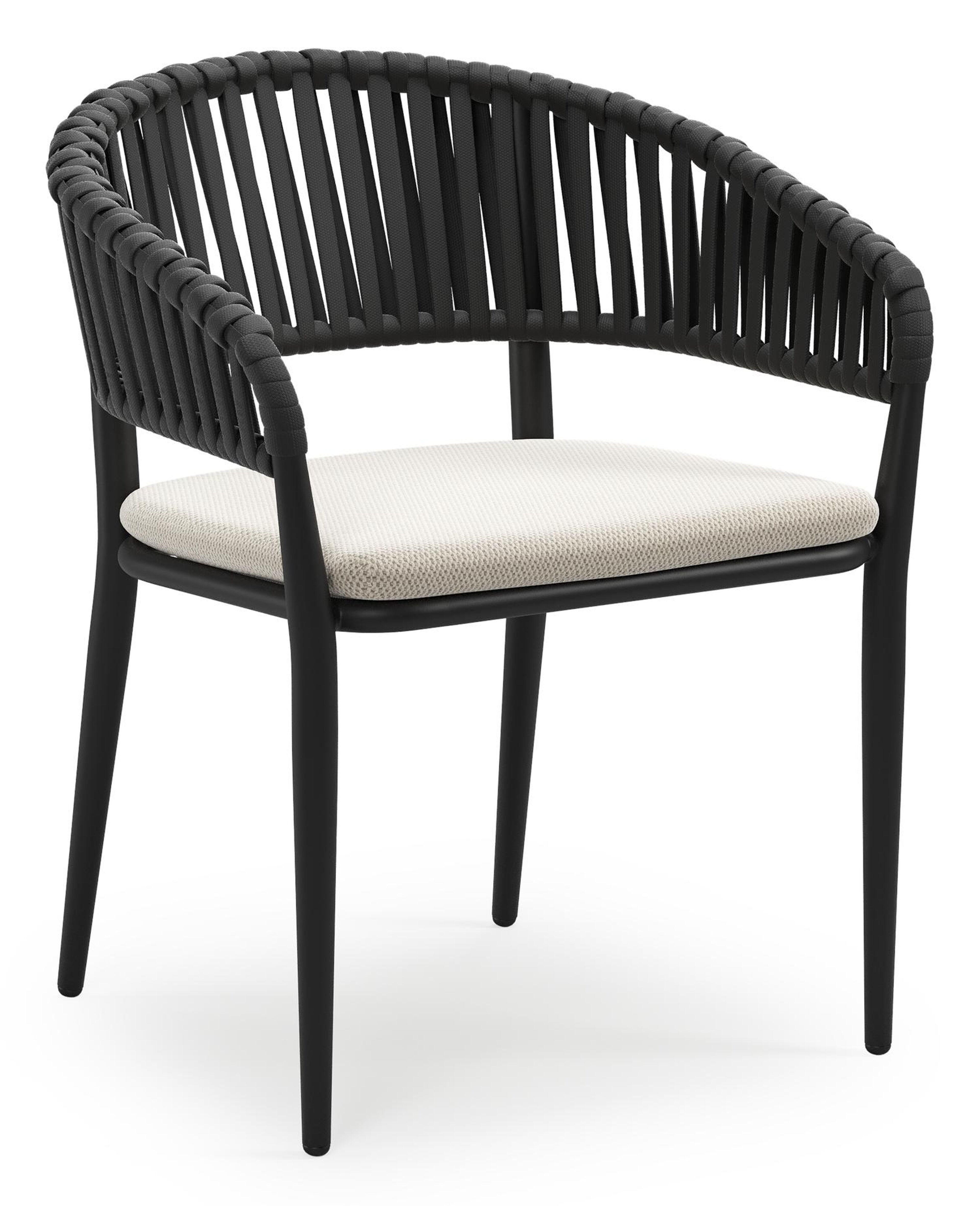 Tolfa stapelbare tuinstoel in zwart aluminium en zwart verticaal geweven luxe vlakke brede rope met stoelkussen in All Weather Sunbrella® Luxe Lopi Marble