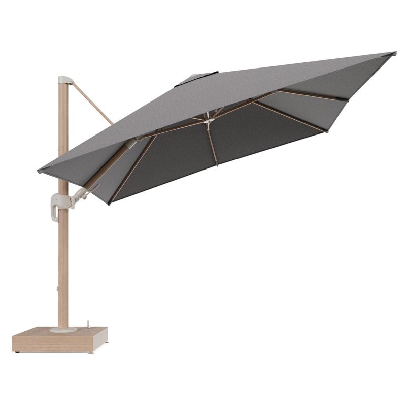 Rufina zweefparasol met tiltfunctie in houtlook aluminium en Chartres Drizzle All Weather Sunbrella® Luxe parasoldoek - L1 300 x L2 300 cm met parasolvoet Minore 150 kg met wielen