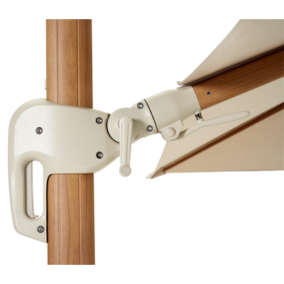 Rufina zweefparasol met tiltfunctie in houtlook met beige all weather sunbrella® premium parasoldoek - L1 300 x L2 400 cm (met voet)