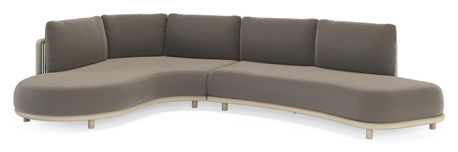 Lomano loungehoek in beige aluminium en beige verticaal geweven luxe vlakke rope met Natte Carbon Beige all weather sunbrellaÂ® luxe