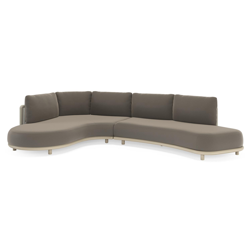 Lomano loungehoek in beige aluminium en beige verticaal geweven luxe vlakke rope met Natte Carbon Beige all weather sunbrella® luxe