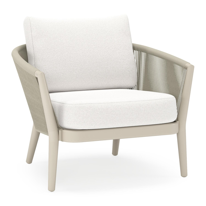 Fauteuil de jardin Orso en aluminium beige en corde ronde tissée verticalement beige et coussins en all weather solica Soul Optik