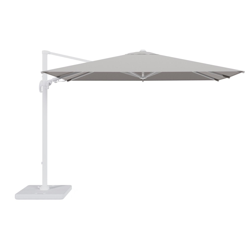 Avola zweefparasol met tiltfunctie in wit aluminium en Natte Graumel Chalk Sunbrella® Premium parasoldoek - L1 200 x L2 300 cm met parasolvoet Pedito 120 kg