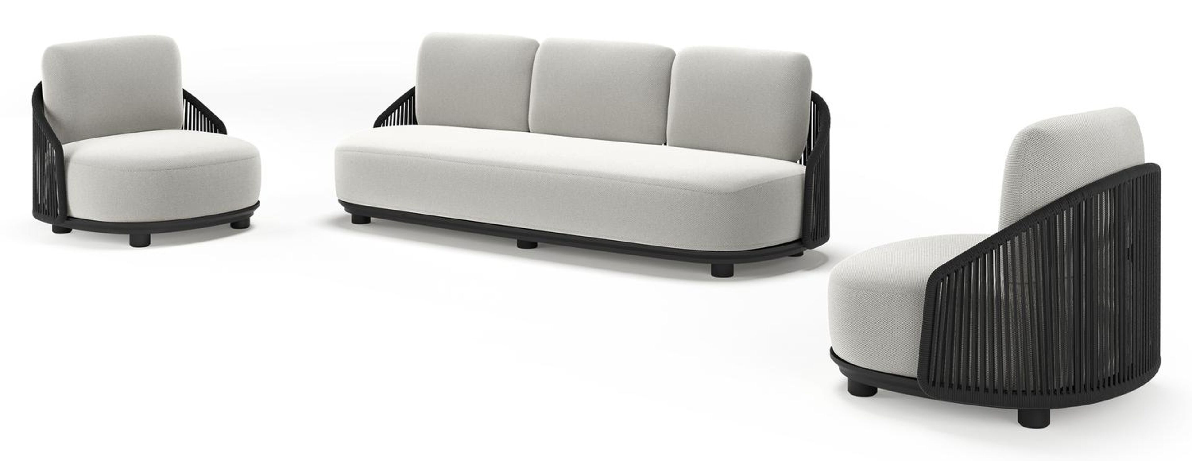 Vadelo loungeset in zwart aluminium en zwart verticaal geweven ronde rope met lopi ash all weather sunbrella® luxe kussen