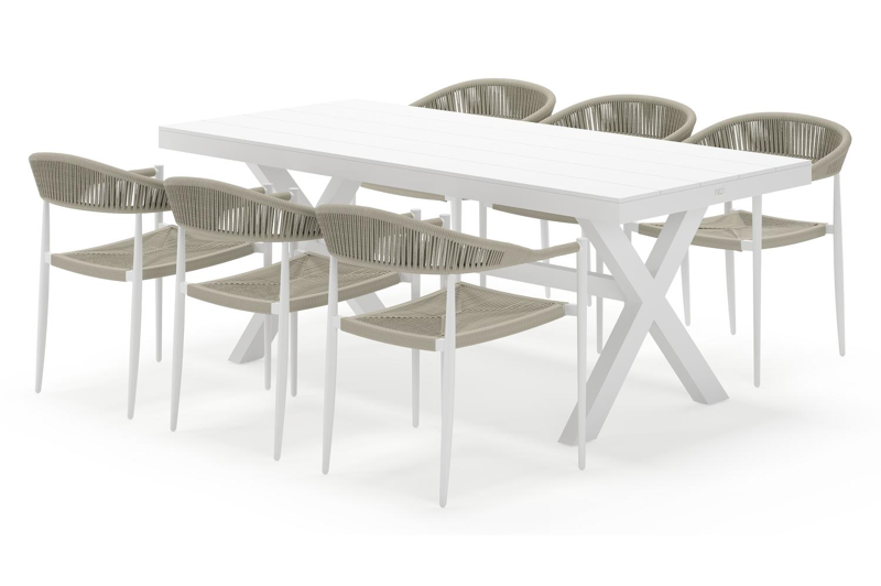 Bahia tuinset rechthoekig in wit aluminium met 6 Guarda tuinstoelen