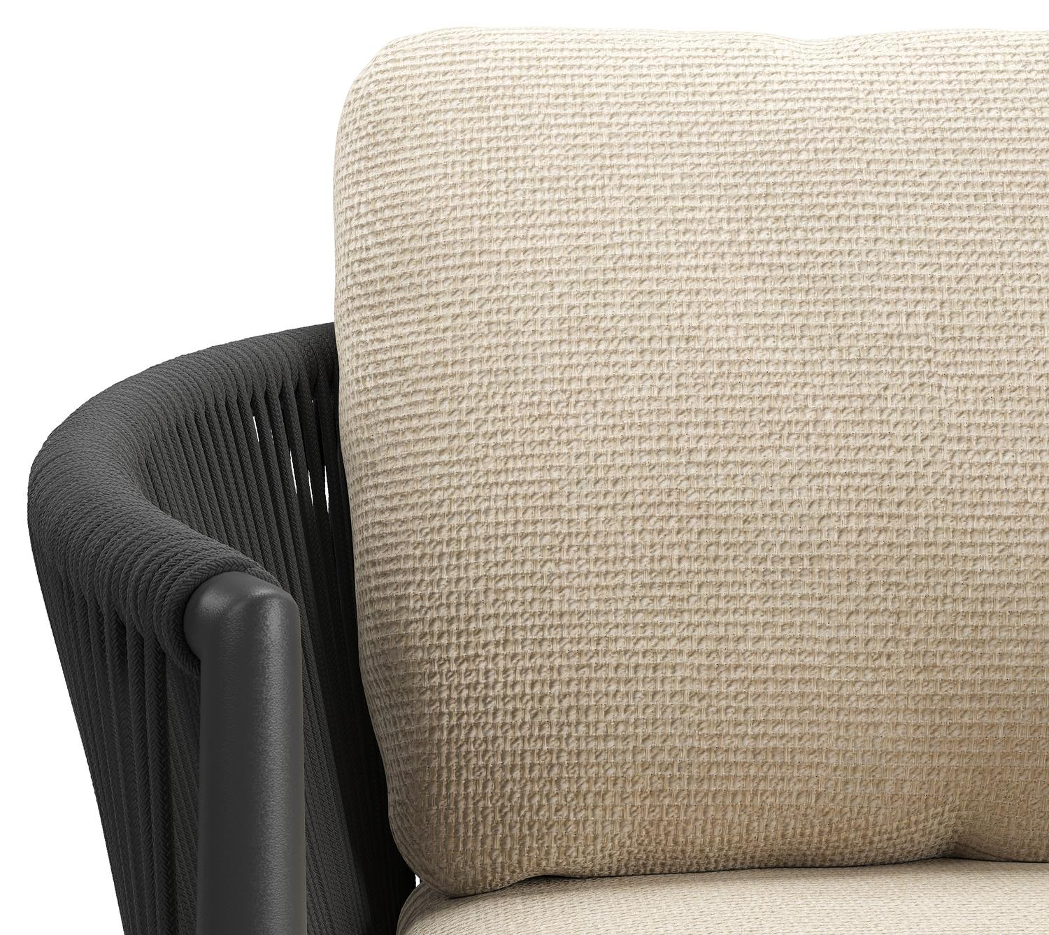 Organo tuinstoel in beige aluminium en beige verticaal geweven ronde rope met stoelkussen in All Weather Cosytica Althea Chalk