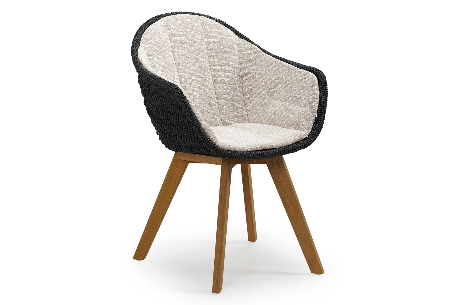 Chaise de jardin Pagino en teck naturel et résine tressée ronde noir avec coussin en All Weather Sunbrella® Luxe Tundra Sand