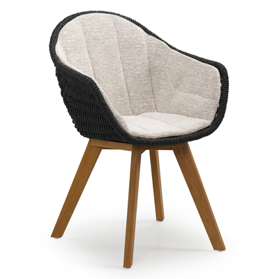 Pagino tuinstoel in teak en zwart ronde wicker met zitkussen in All Weather Sunbrella® Luxe Tundra Sand