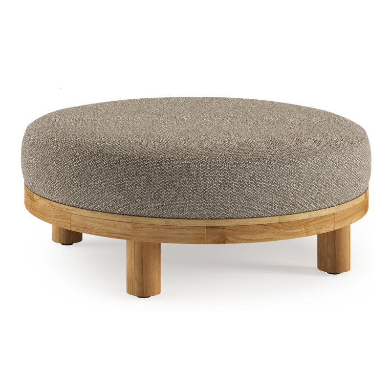 Donato lounge poef in teak en beige verticaal geweven ronde rope met all weather cosytica Madagascar Burch kussen